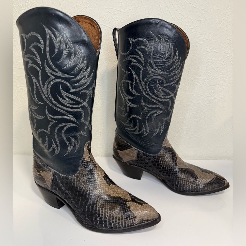 Vintage Tony Lama Snakeskin Navy Blue Leather Cowboy Boots Size 6.5 EUC - Picture 3 of 7